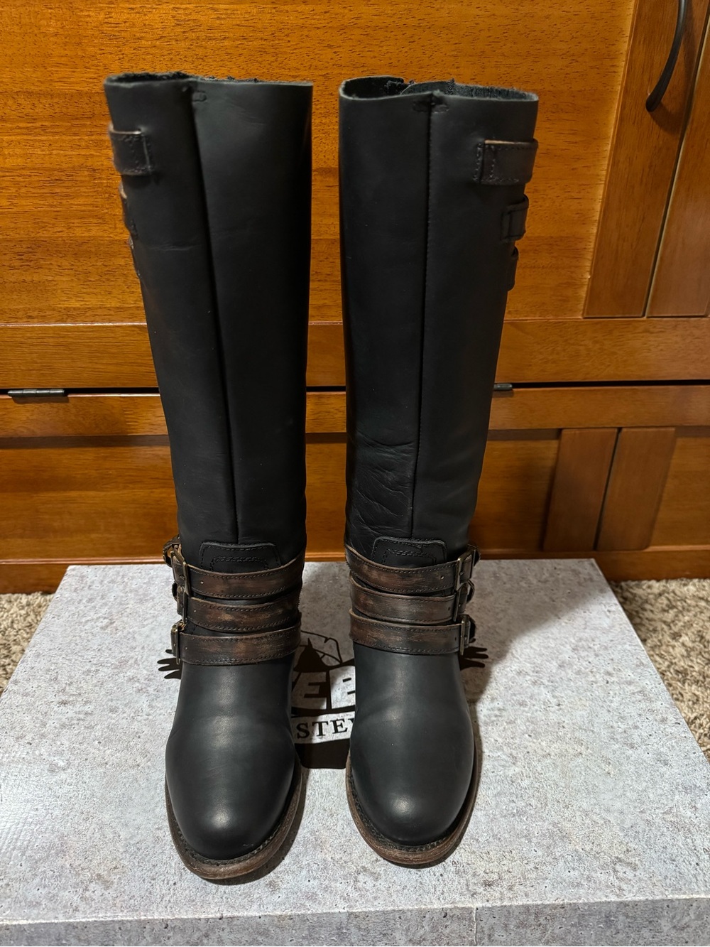 Freebird by Steven Black Tall Riding Boots with Brown Strap Accents
